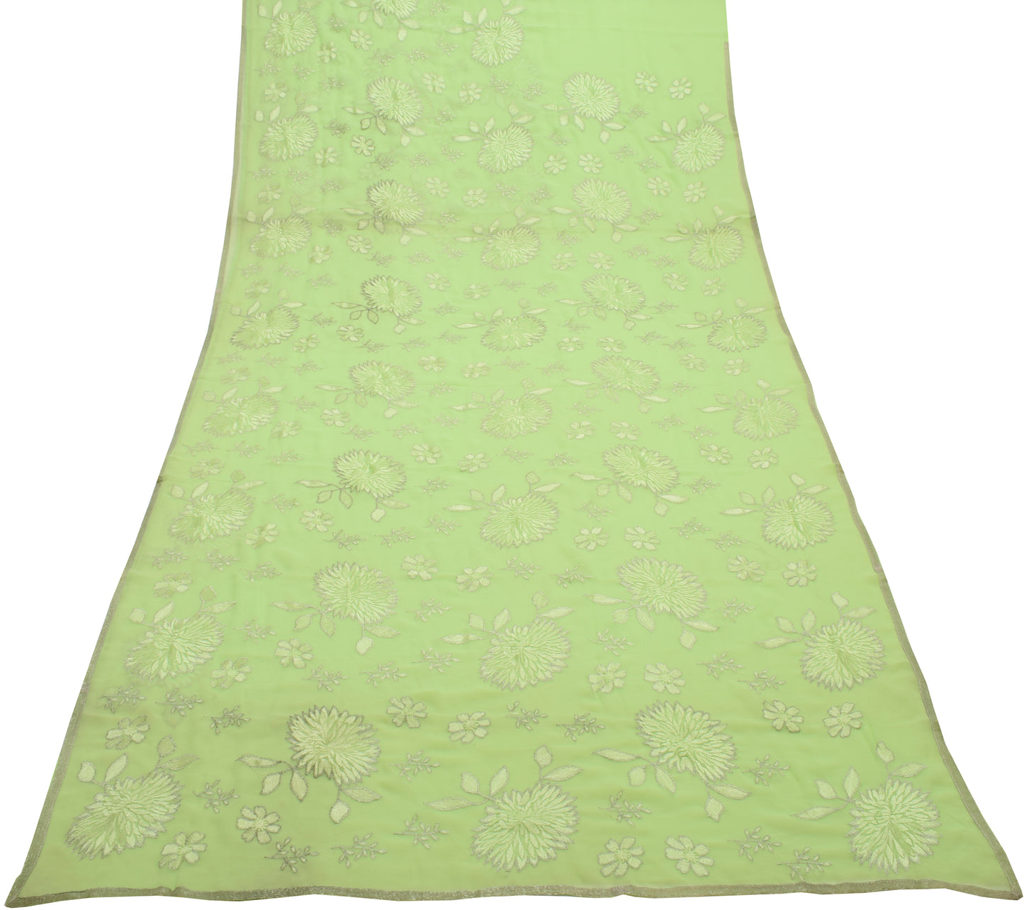 Sushila Vintage Green Saree Blend Georgette Silk Embroidered Floral Sari Fabric