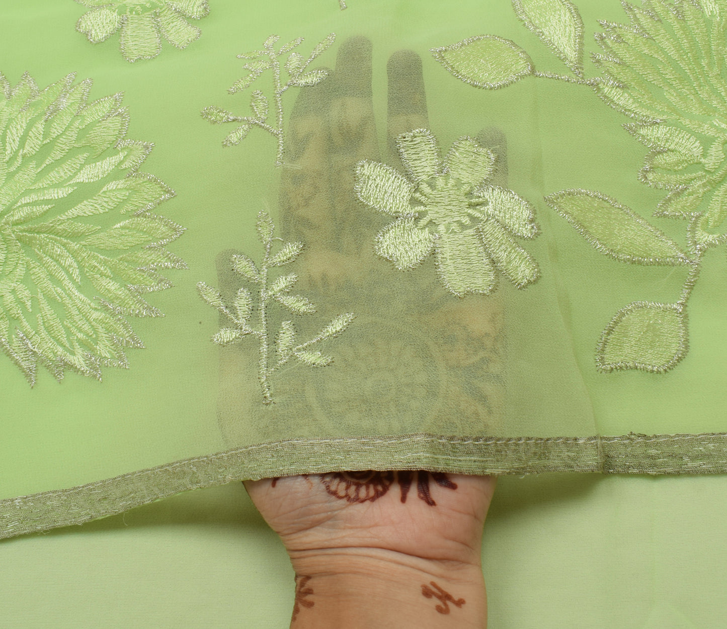 Sushila Vintage Green Saree Blend Georgette Silk Embroidered Floral Sari Fabric
