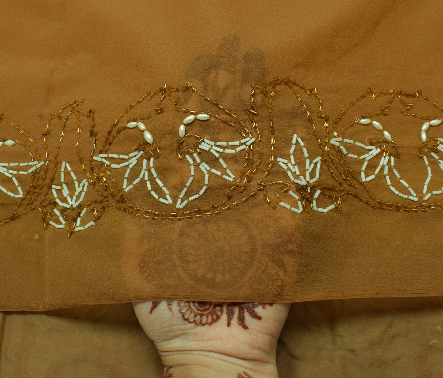 Sushila Vintage Brown Saree Art Silk Glass Beads Embellish Sari Craft 5Yd Fabric