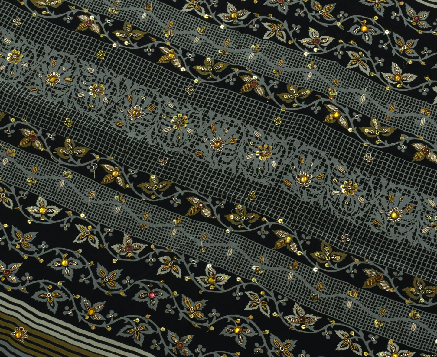 Sushila Vintage Indian Saree Pure Crepe Silk Hand Beaded & Printed Sari Fabric