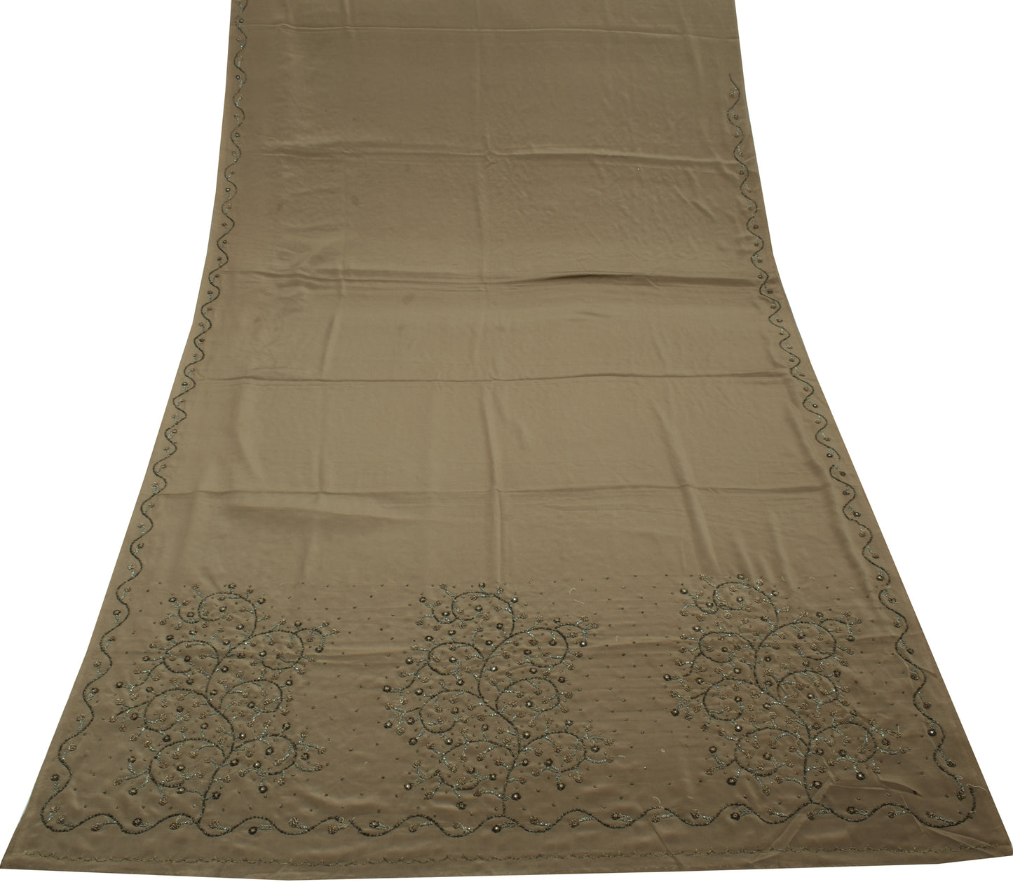 Sushila Vintage Gray Saree Blend Crepe Silk Hand Beaded Zardozi Sari Fabric