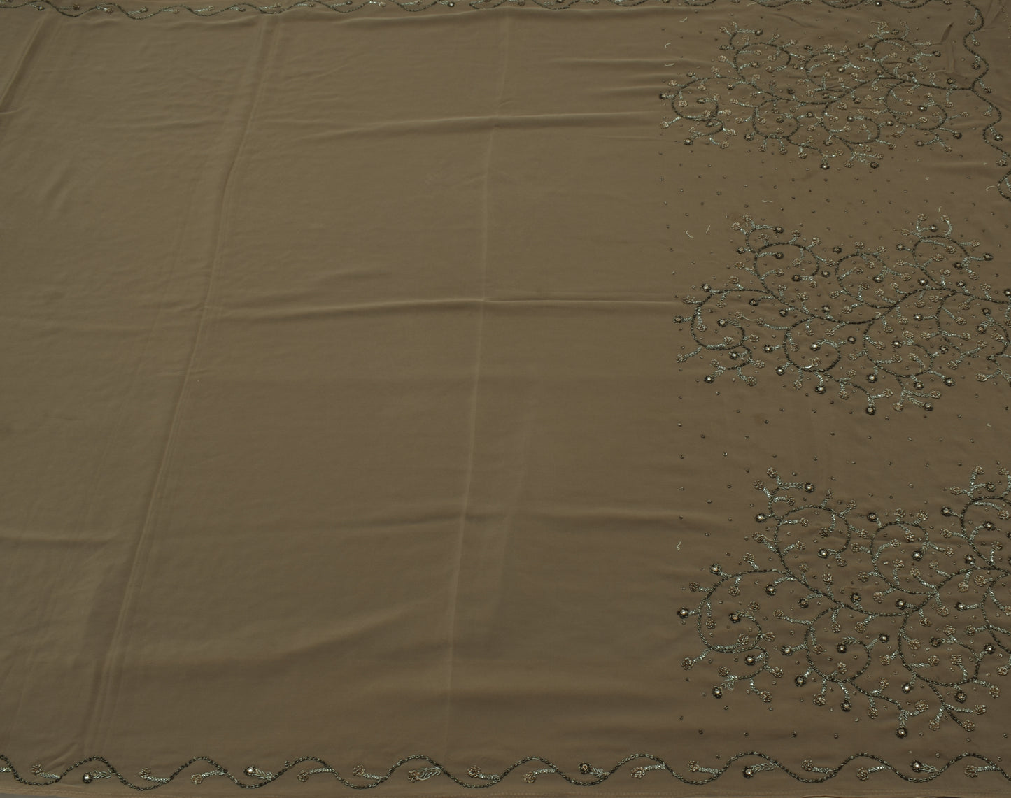 Sushila Vintage Gray Saree Blend Crepe Silk Hand Beaded Zardozi Sari Fabric