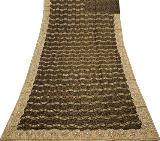 Sushila Vintage HEAVY Indian Saree Net Mesh 5 Yard Sequin Work Black Sari Craft Fabric