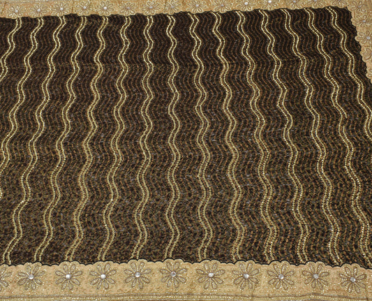 Sushila Vintage HEAVY Indian Saree Net Mesh 5 Yard Sequin Work Black Sari Craft Fabric