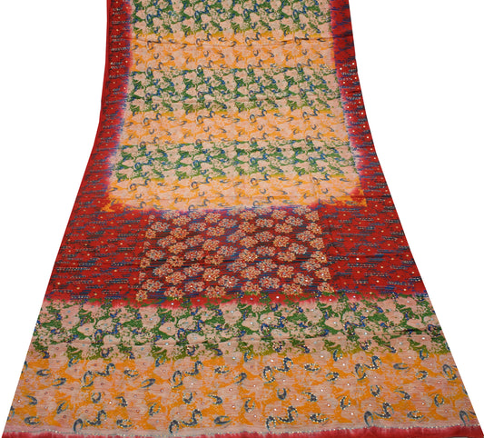 Sushila Vintage Muti-Color Saree Pure Crepe Silk Printed Sari Craft Fabric