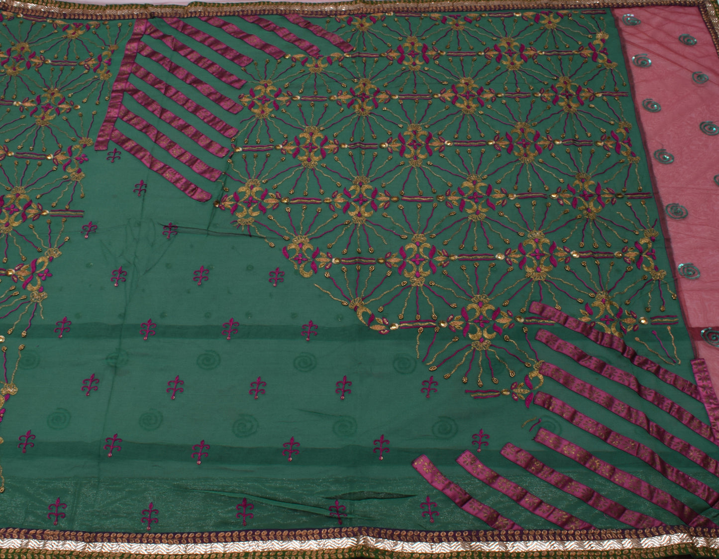 Sushila Vintage Green Saree Pure Georgette Silk Embroidered Floral Sari Fabric