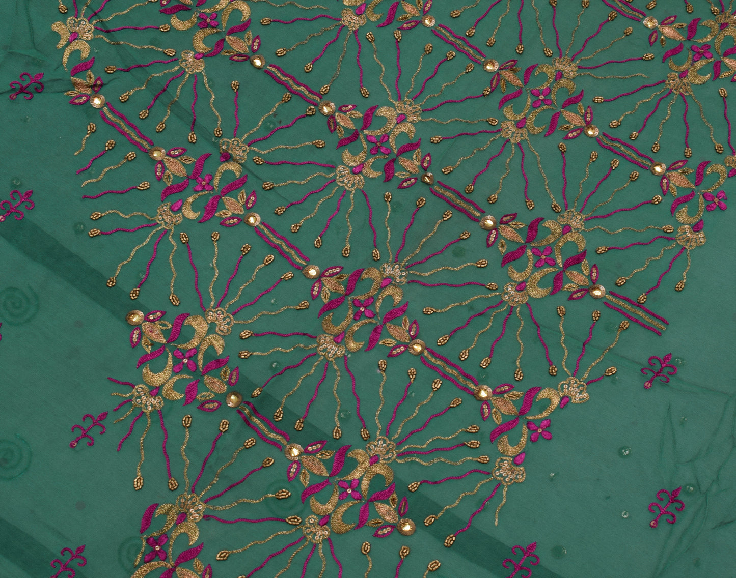 Sushila Vintage Green Saree Pure Georgette Silk Embroidered Floral Sari Fabric