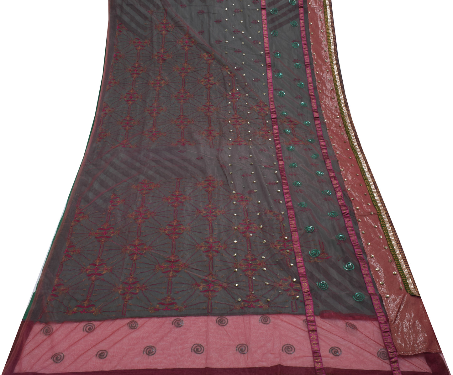 Sushila Vintage Green Saree Pure Georgette Silk Embroidered Floral Sari Fabric