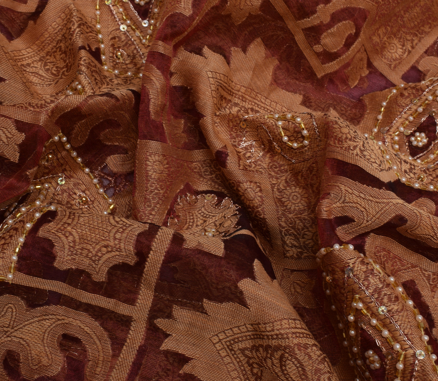 Sushila Vintage Maroon Saree Pure Organza Silk All Over Woven Sari Craft Fabric