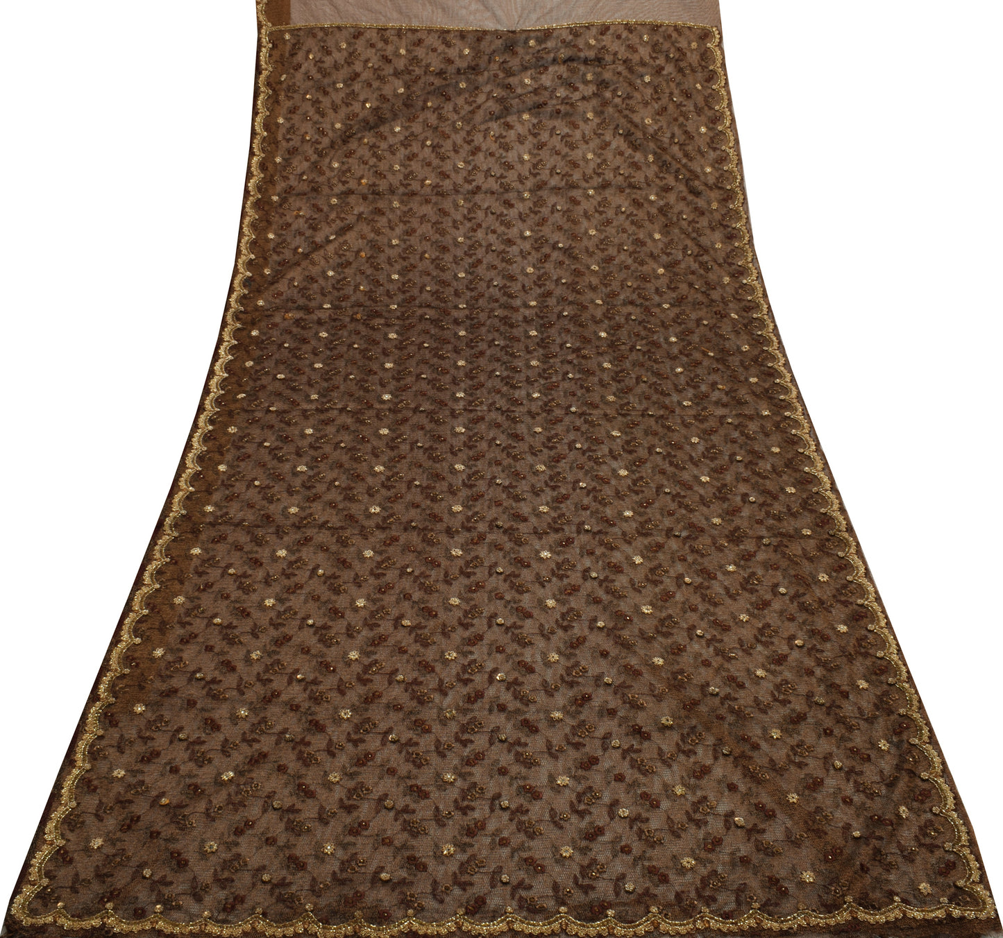 Sushila Vintage Brown Saree Net Mesh Hand Beaded Zardozi Floral Sari Fabric