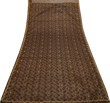 Sushila Vintage Brown Saree Net Mesh Hand Beaded Zardozi Floral Sari Fabric