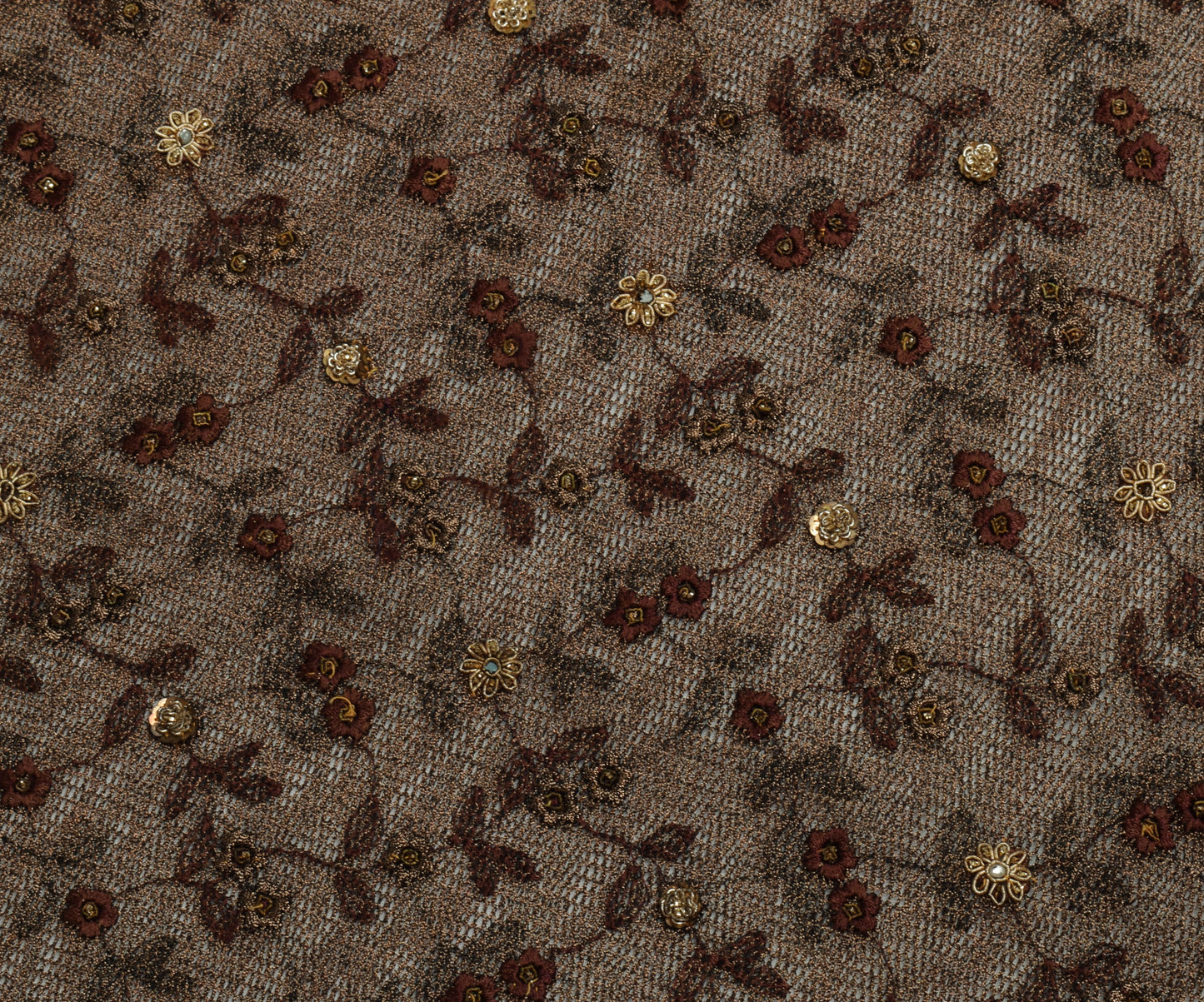 Sushila Vintage Brown Saree Net Mesh Hand Beaded Zardozi Floral Sari Fabric
