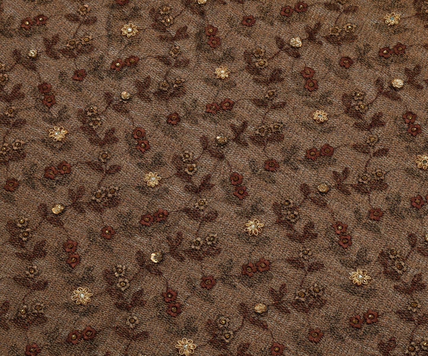 Sushila Vintage Brown Saree Net Mesh Hand Beaded Zardozi Floral Sari Fabric