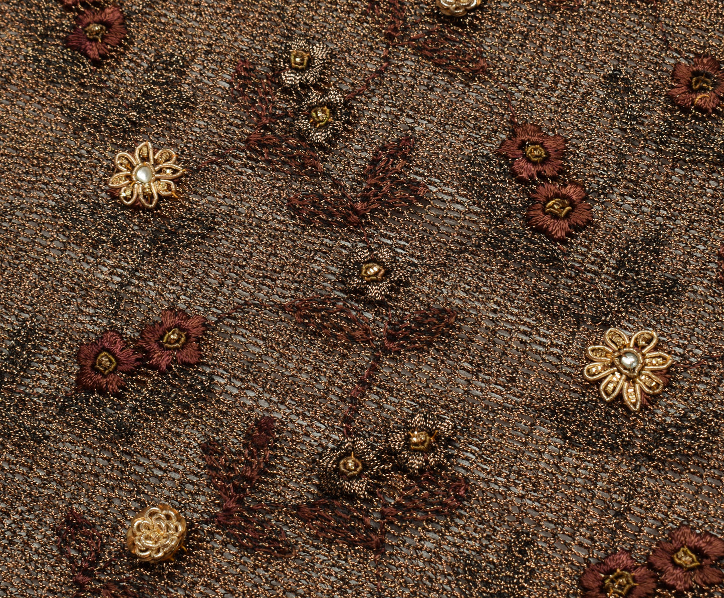 Sushila Vintage Brown Saree Net Mesh Hand Beaded Zardozi Floral Sari Fabric