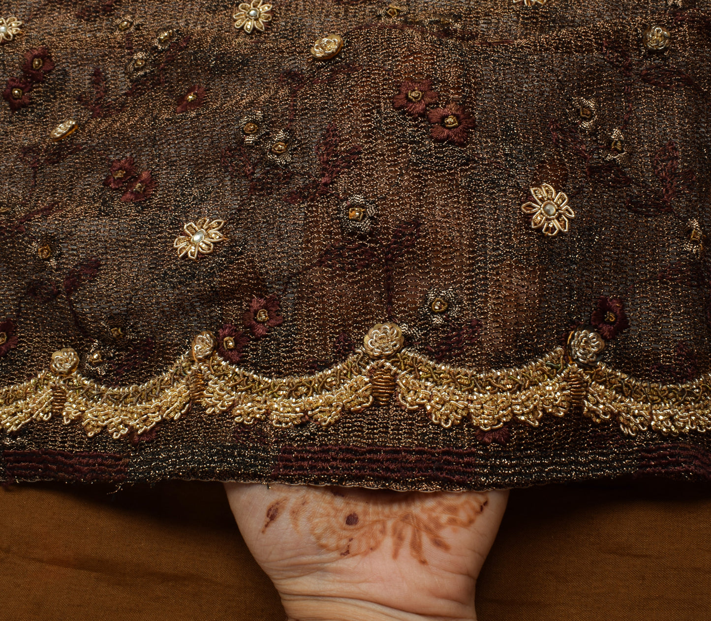 Sushila Vintage Brown Saree Net Mesh Hand Beaded Zardozi Floral Sari Fabric