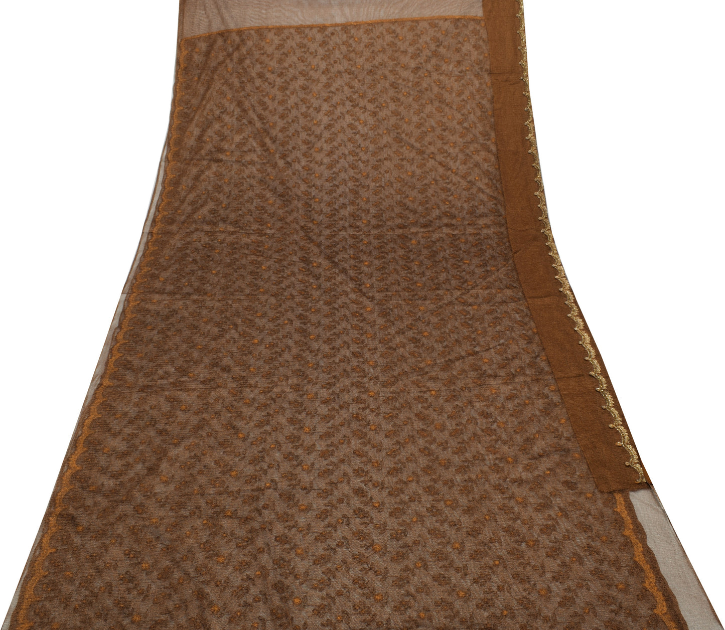 Sushila Vintage Brown Saree Net Mesh Hand Beaded Zardozi Floral Sari Fabric