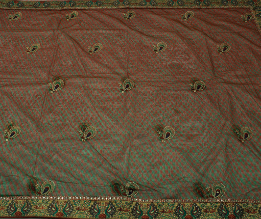 Sushila Vintage Multi-Color Saree Net Mesh Embroidered Peacock Sari Craft Fabric