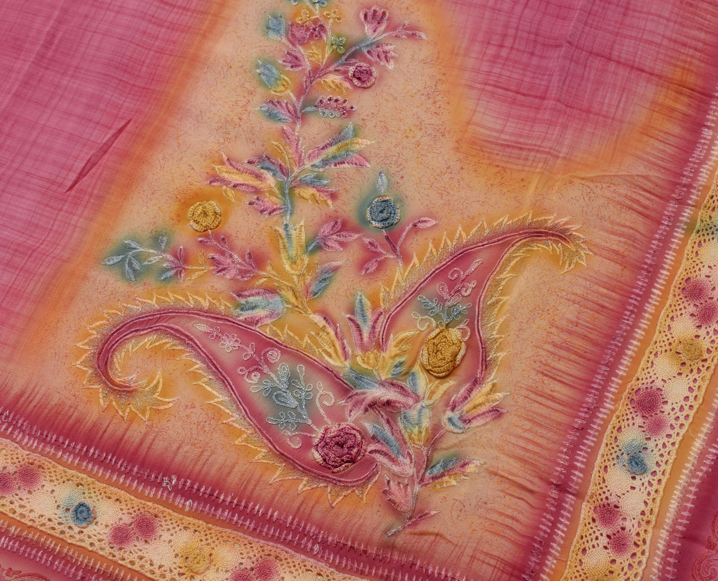 Sushila Vintage Indian Saree Pure Crepe Silk Embroidered Sari Craft 5 YD Fabric
