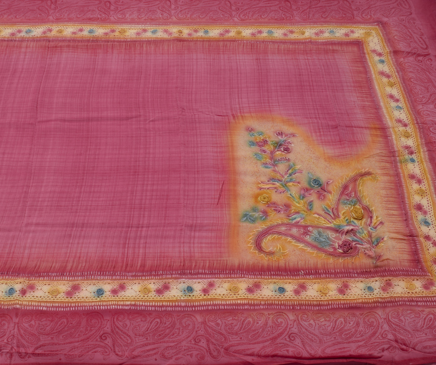 Sushila Vintage Indian Saree Pure Crepe Silk Embroidered Sari Craft 5 YD Fabric