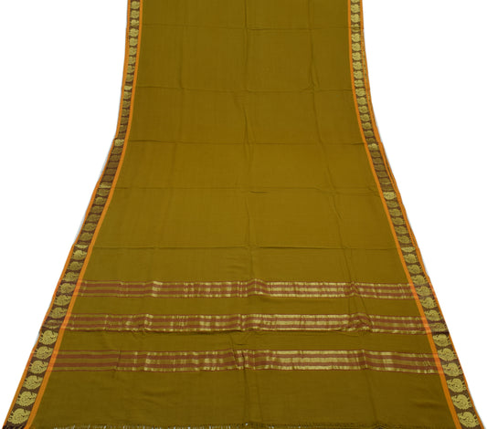 Sushila Vintage Handloom Green Saree Pure Cotton Woven Sari Craft 5 Yard Fabric