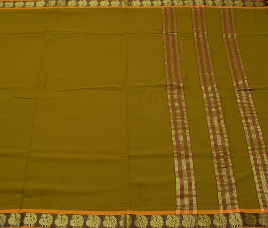 Sushila Vintage Handloom Green Saree Pure Cotton Woven Sari Craft 5 Yard Fabric