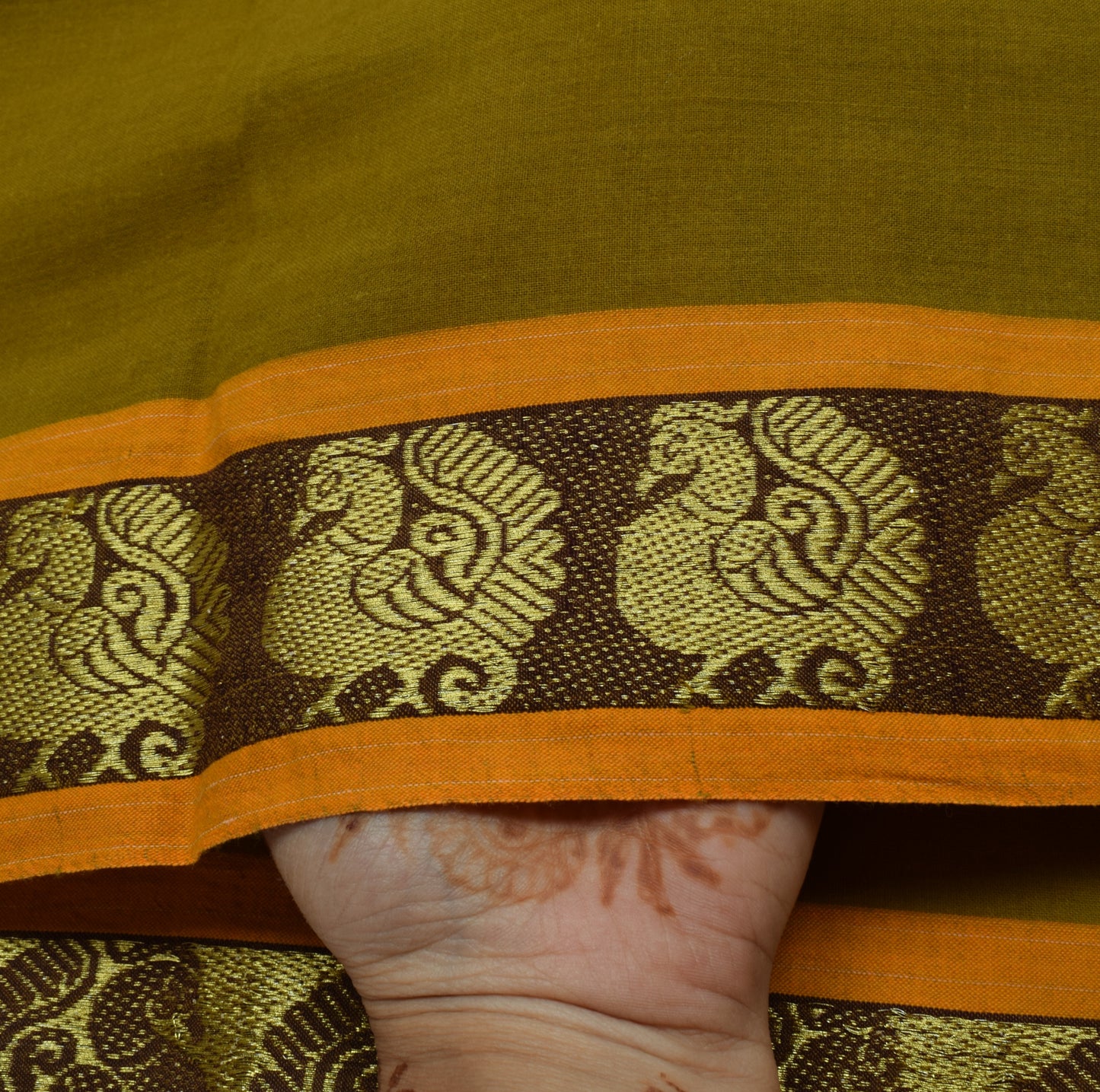 Sushila Vintage Handloom Green Saree Pure Cotton Woven Sari Craft 5 Yard Fabric