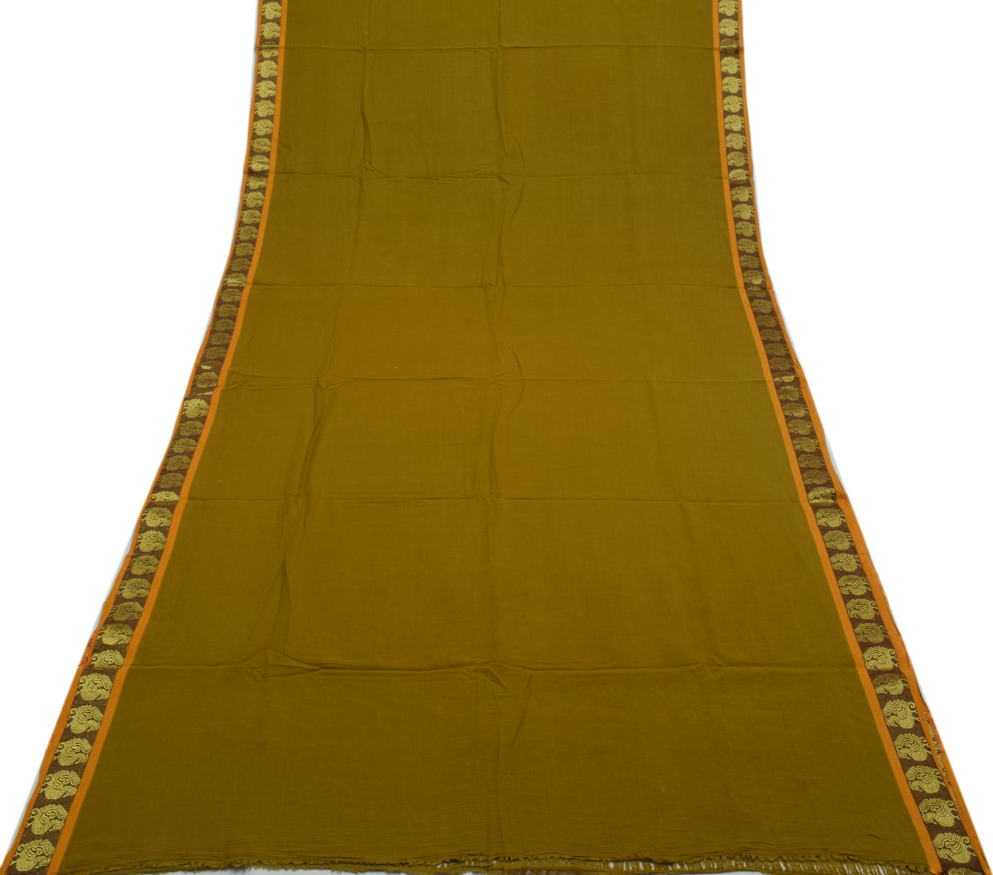 Sushila Vintage Handloom Green Saree Pure Cotton Woven Sari Craft 5 Yard Fabric