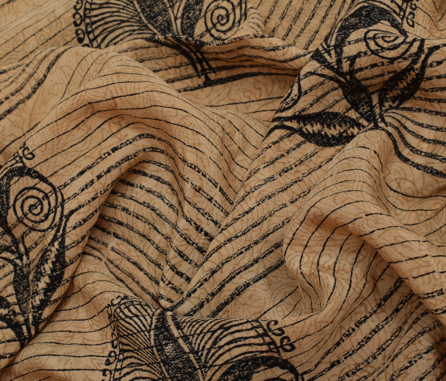Sushila Vintage Indian Saree Pure Crepe Silk Printed & Embroidered Sari Fabric