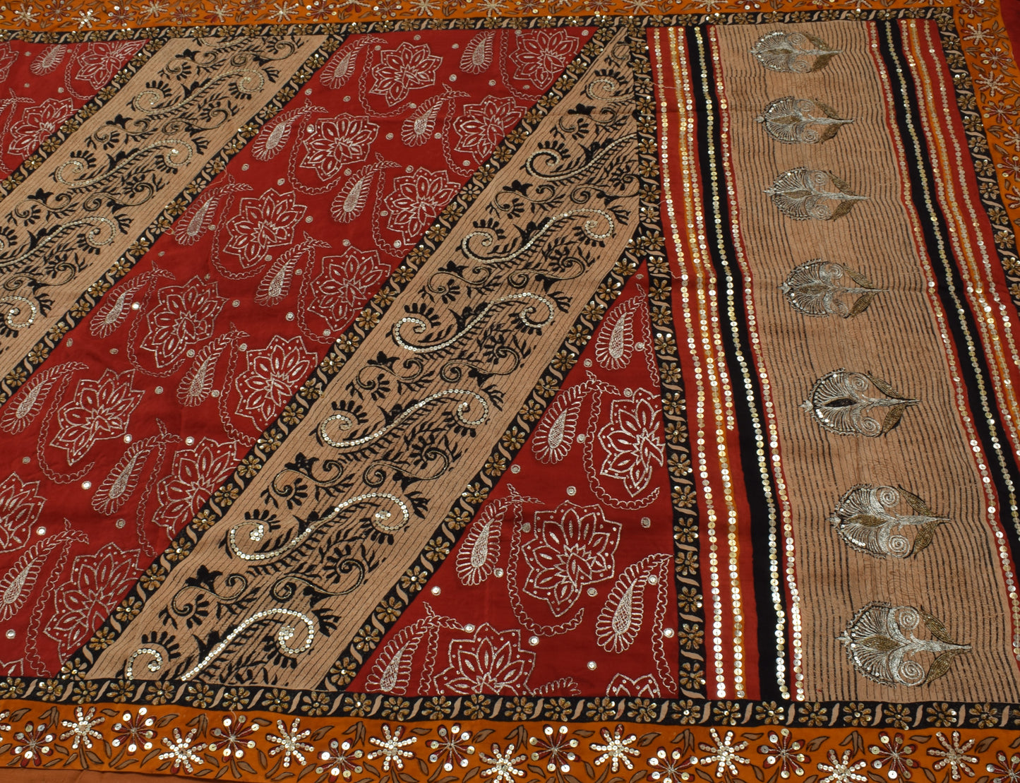 Sushila Vintage Indian Saree Pure Crepe Silk Printed & Embroidered Sari Fabric