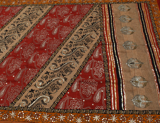 Sushila Vintage Indian Saree Pure Crepe Silk Printed & Embroidered Sari Fabric