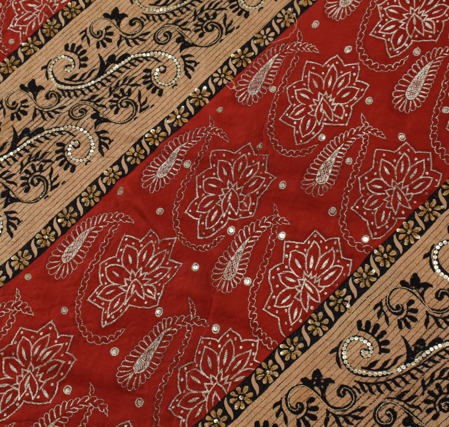 Sushila Vintage Indian Saree Pure Crepe Silk Printed & Embroidered Sari Fabric