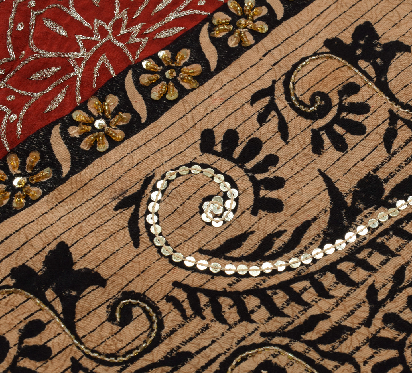 Sushila Vintage Indian Saree Pure Crepe Silk Printed & Embroidered Sari Fabric