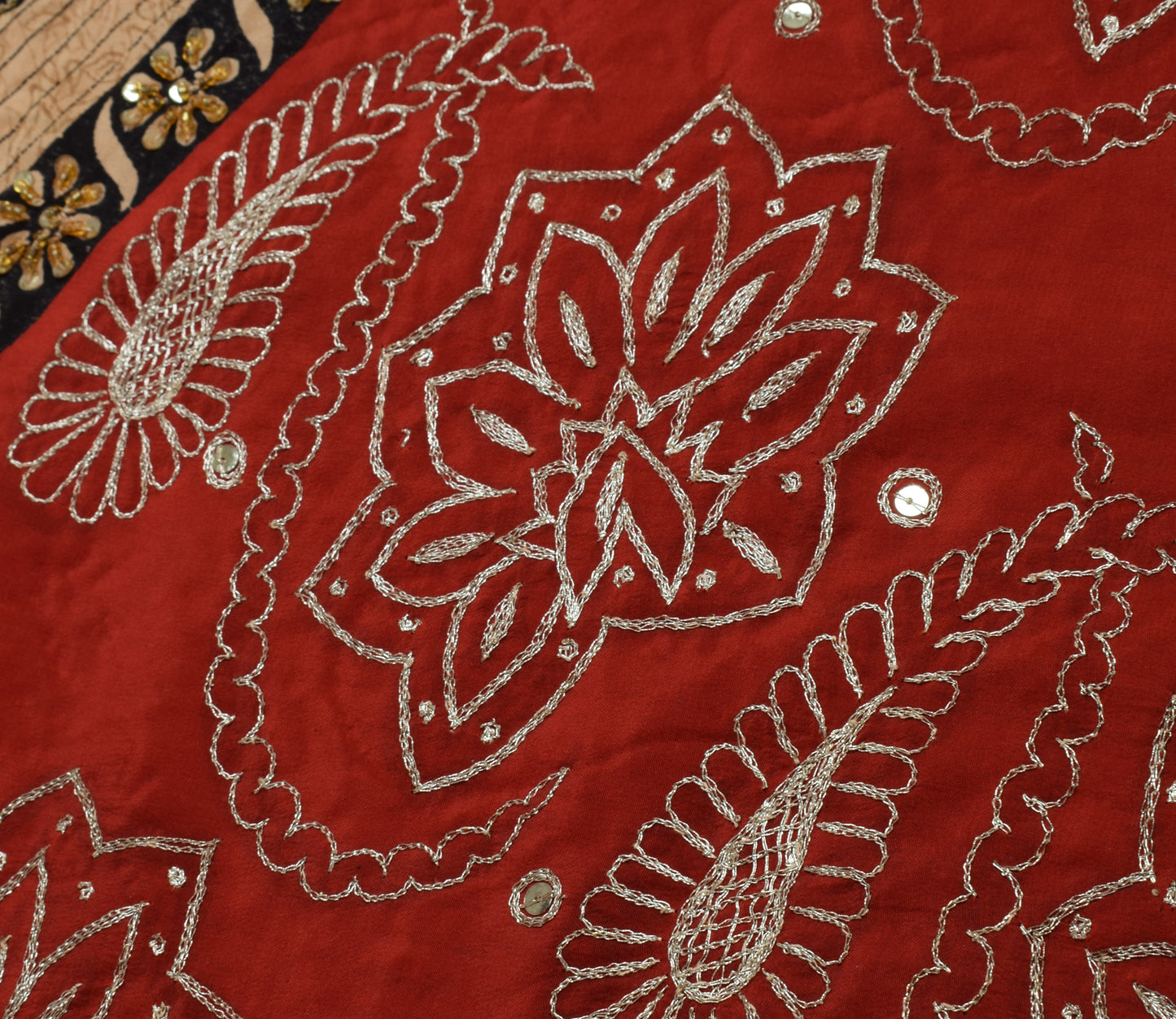 Sushila Vintage Indian Saree Pure Crepe Silk Printed & Embroidered Sari Fabric
