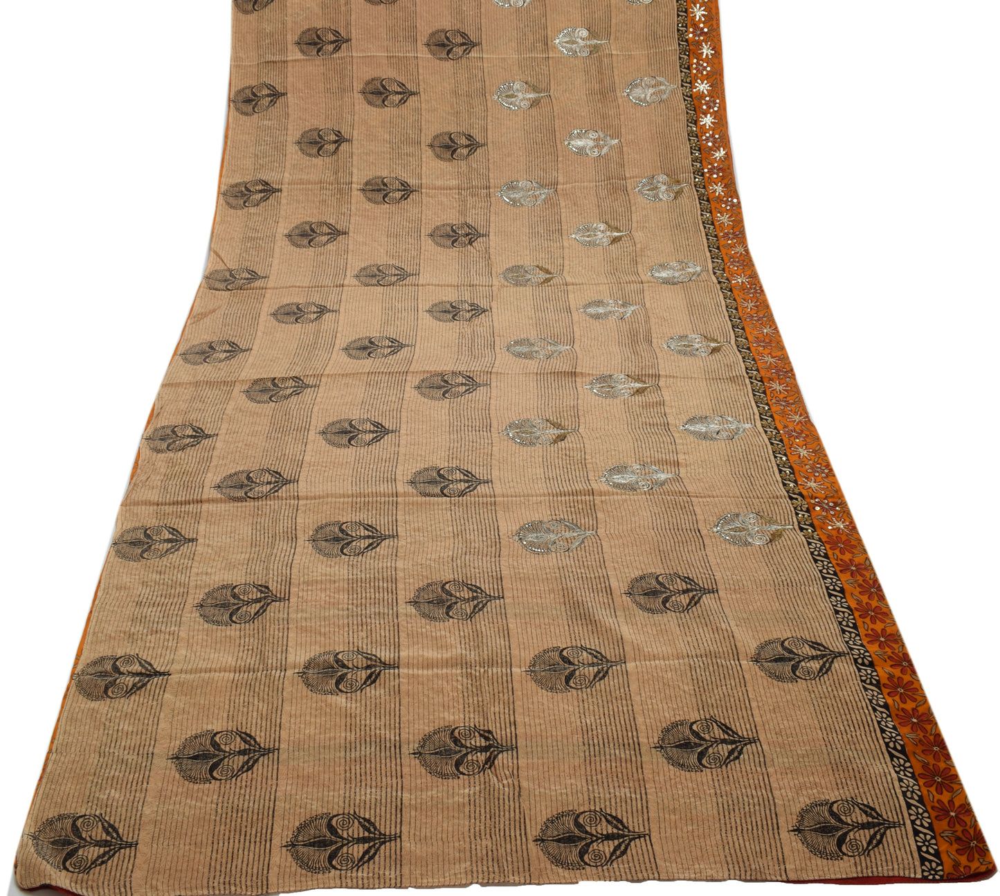 Sushila Vintage Indian Saree Pure Crepe Silk Printed & Embroidered Sari Fabric