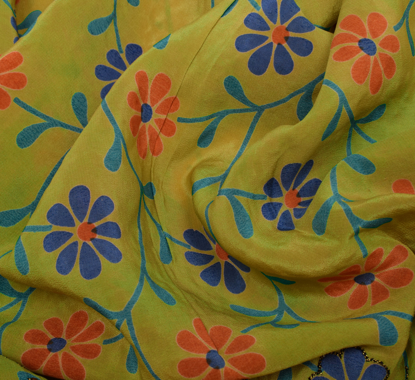 Sushila Vintage Green Saree Pure Crepe Silk Printed Floral Sari Craft Fabric