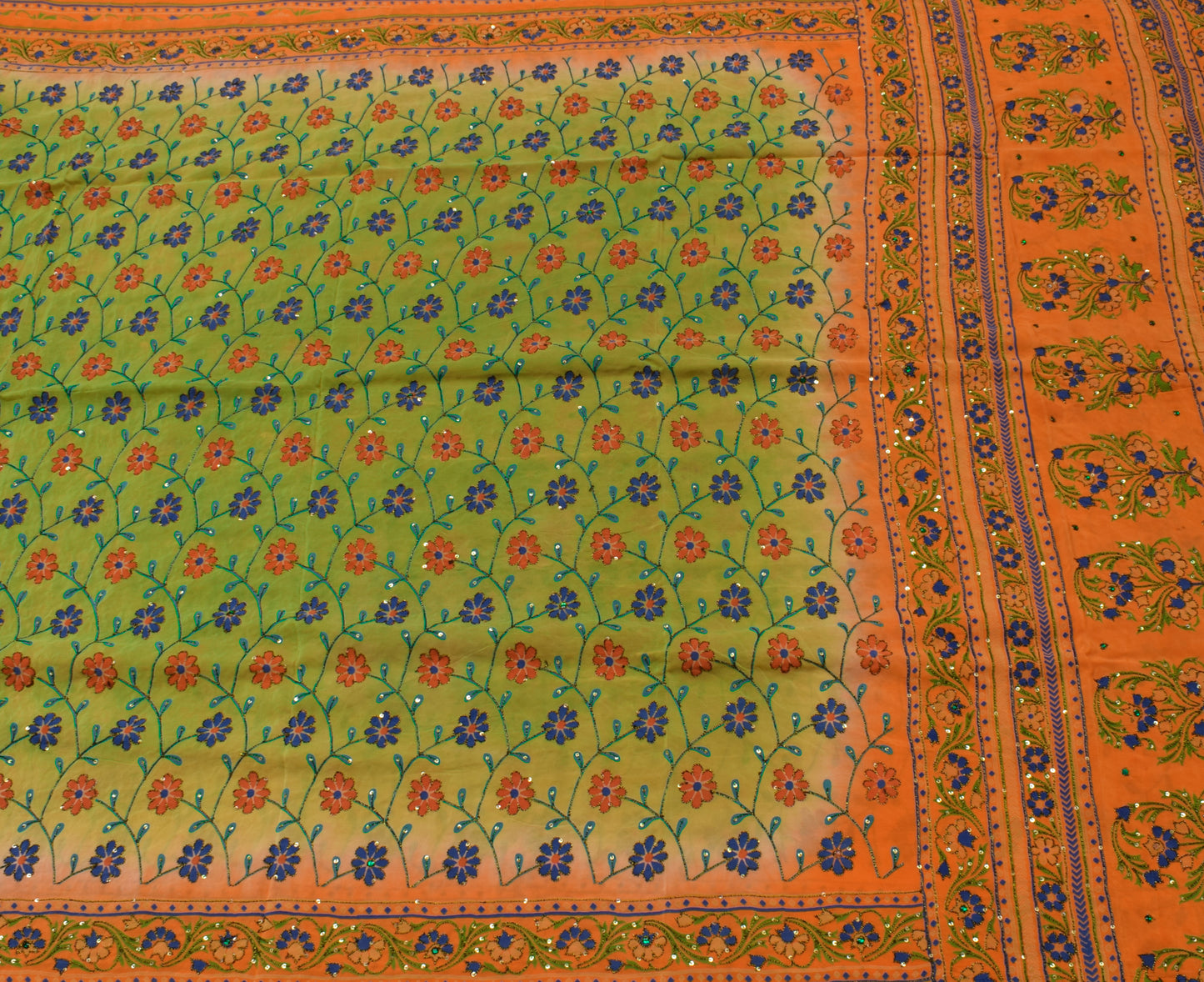Sushila Vintage Green Saree Pure Crepe Silk Printed Floral Sari Craft Fabric