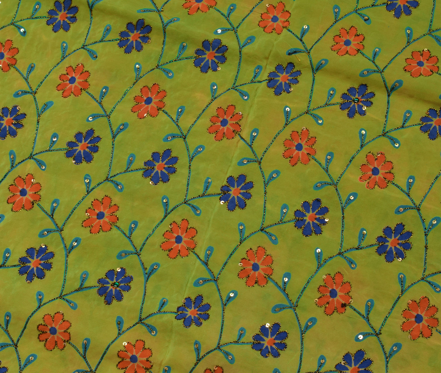 Sushila Vintage Green Saree Pure Crepe Silk Printed Floral Sari Craft Fabric