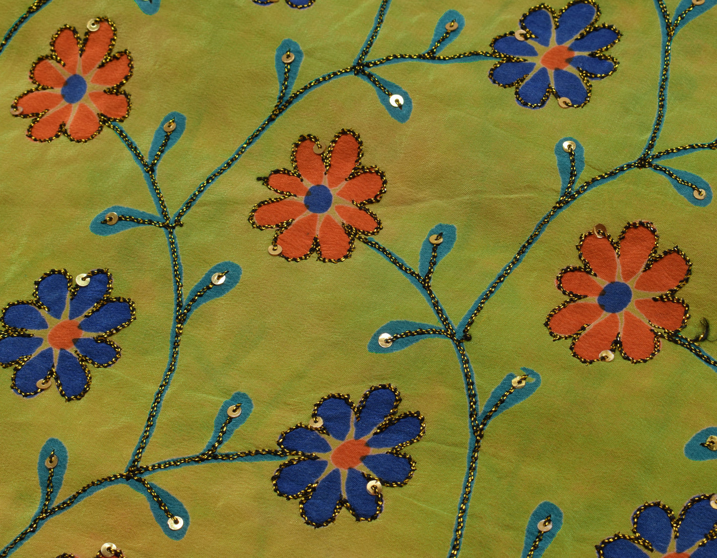 Sushila Vintage Green Saree Pure Crepe Silk Printed Floral Sari Craft Fabric