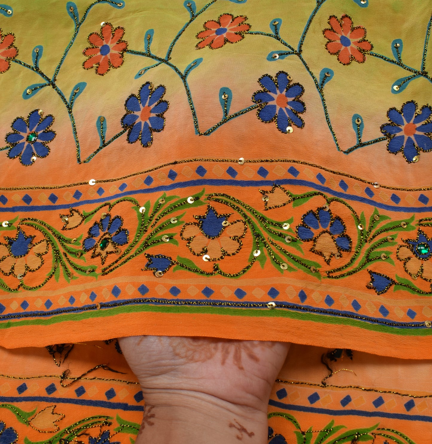 Sushila Vintage Green Saree Pure Crepe Silk Printed Floral Sari Craft Fabric