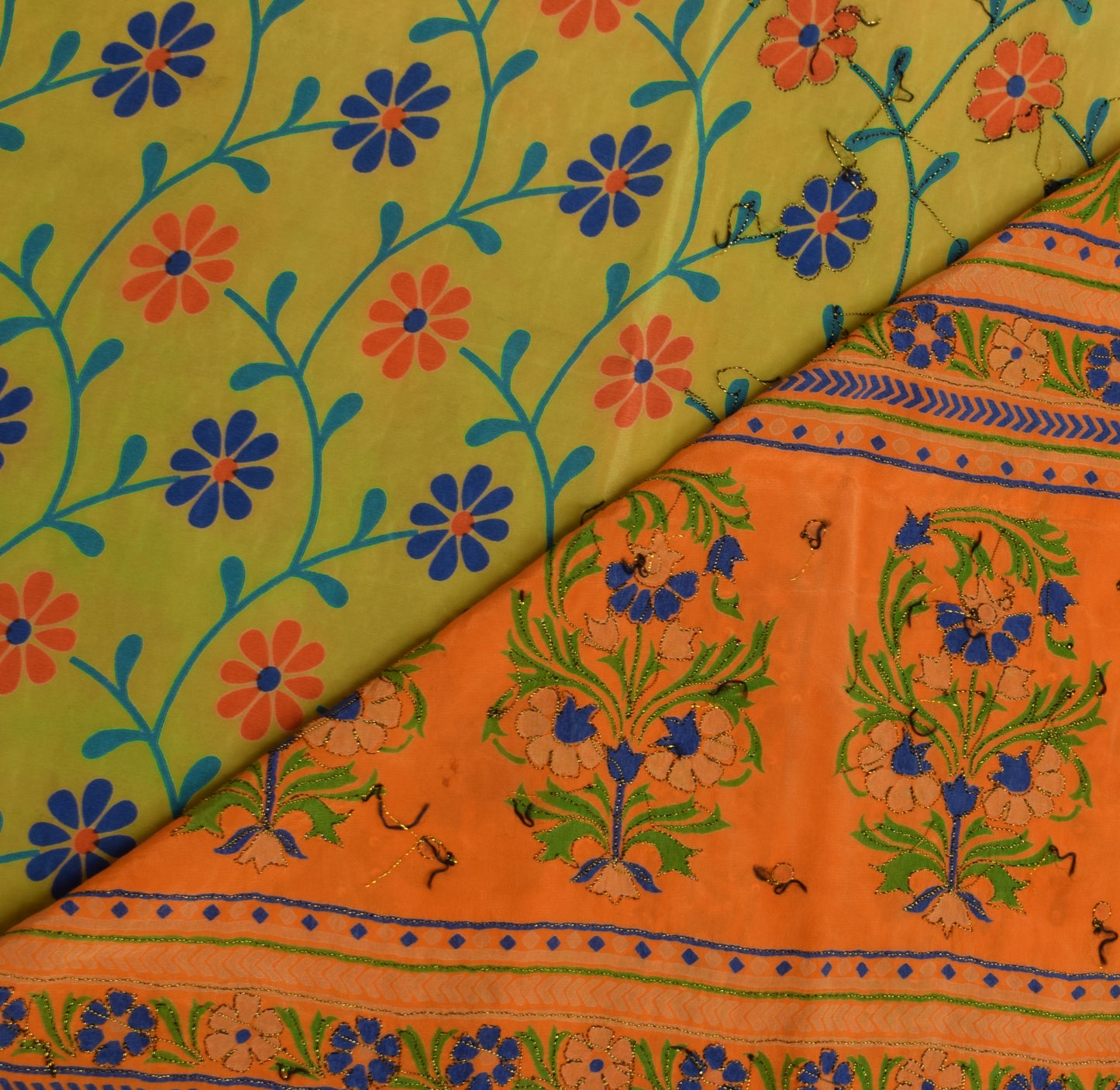Sushila Vintage Green Saree Pure Crepe Silk Printed Floral Sari Craft Fabric
