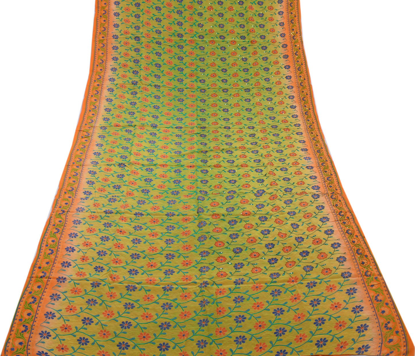 Sushila Vintage Green Saree Pure Crepe Silk Printed Floral Sari Craft Fabric