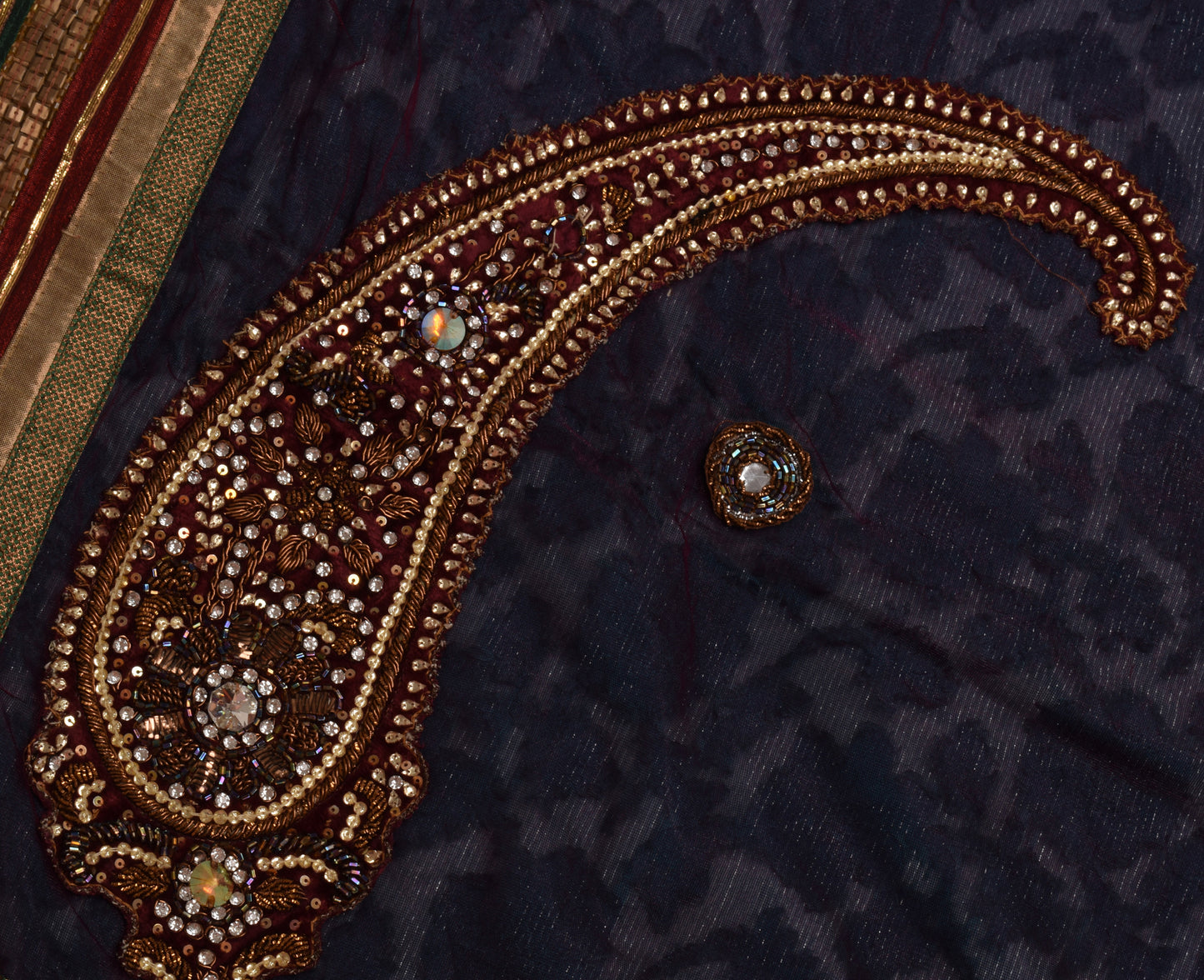 Sushila Vintage Purple Saree Pure Georgette Applique Work Paisley Sari Fabric
