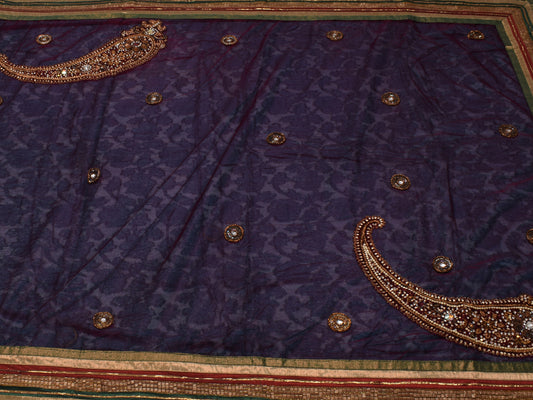 Sushila Vintage Purple Saree Pure Georgette Applique Work Paisley Sari Fabric