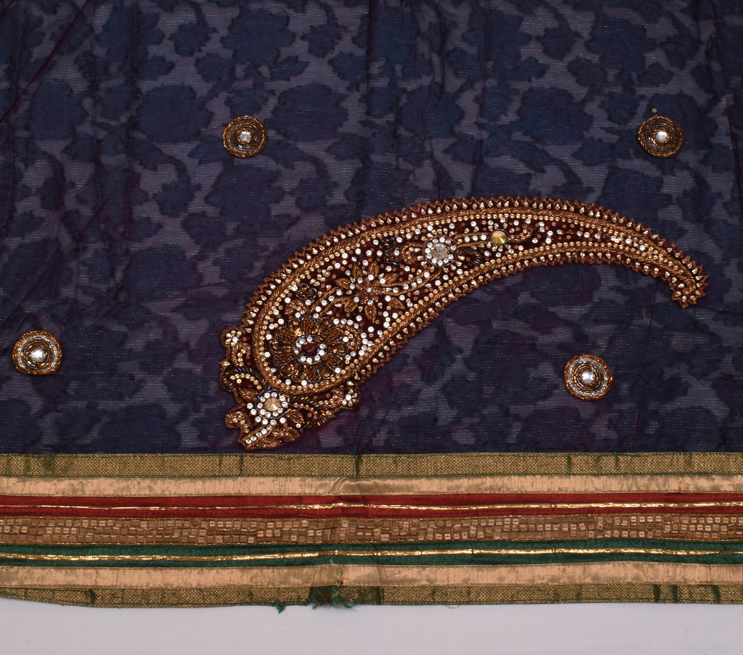 Sushila Vintage Purple Saree Pure Georgette Applique Work Paisley Sari Fabric