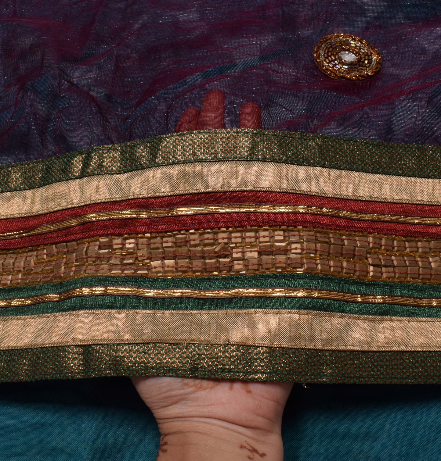 Sushila Vintage Purple Saree Pure Georgette Applique Work Paisley Sari Fabric