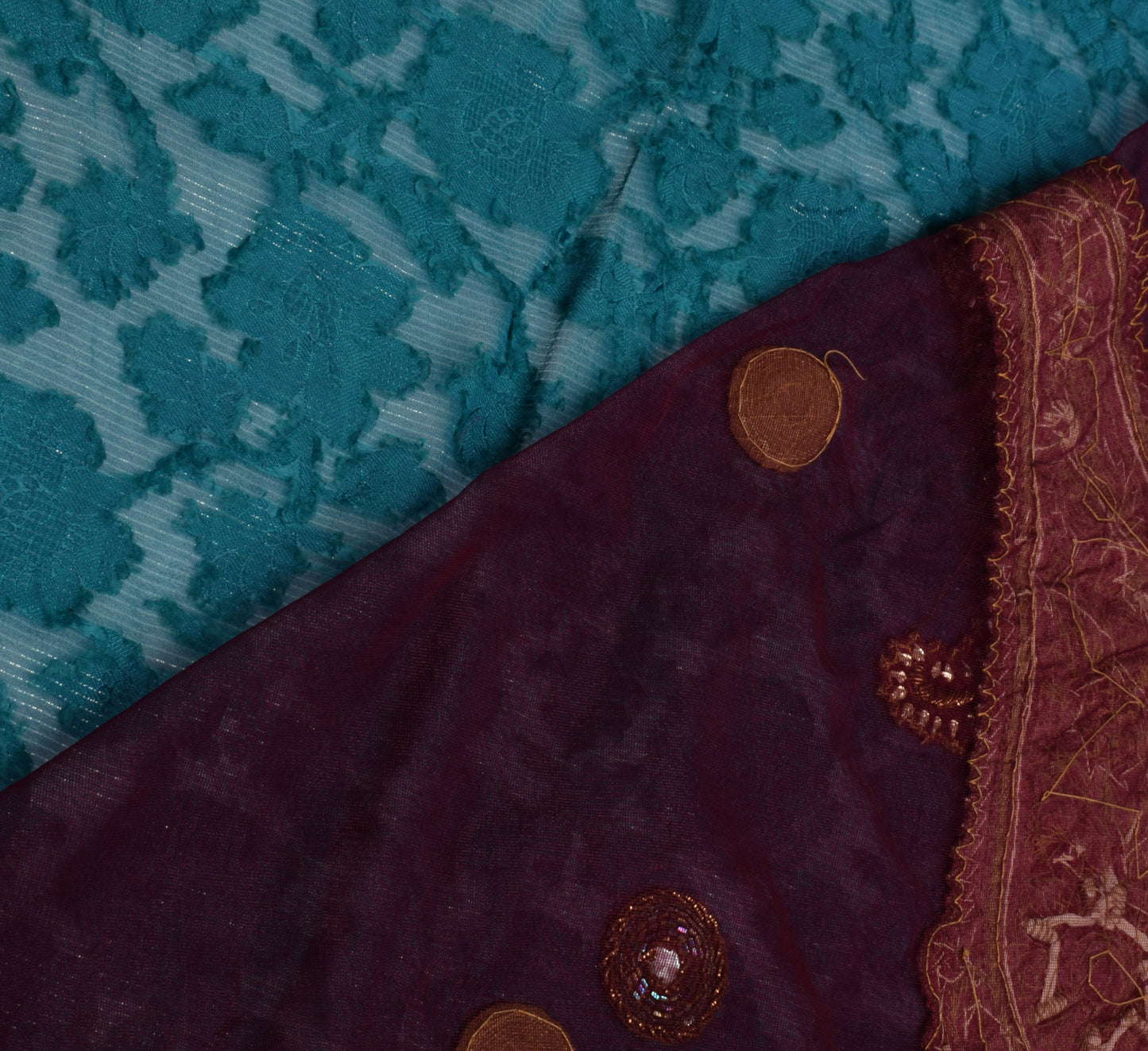 Sushila Vintage Purple Saree Pure Georgette Applique Work Paisley Sari Fabric