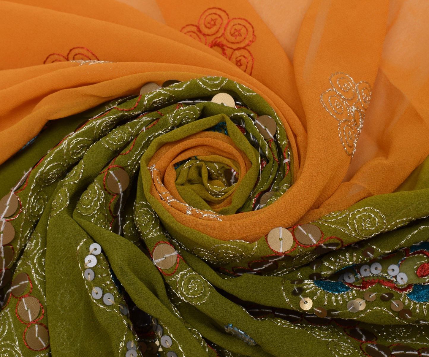 Sushila Vintage Indian Saree Blend Georgette Silk Hand Beaded Floral Sari Fabric