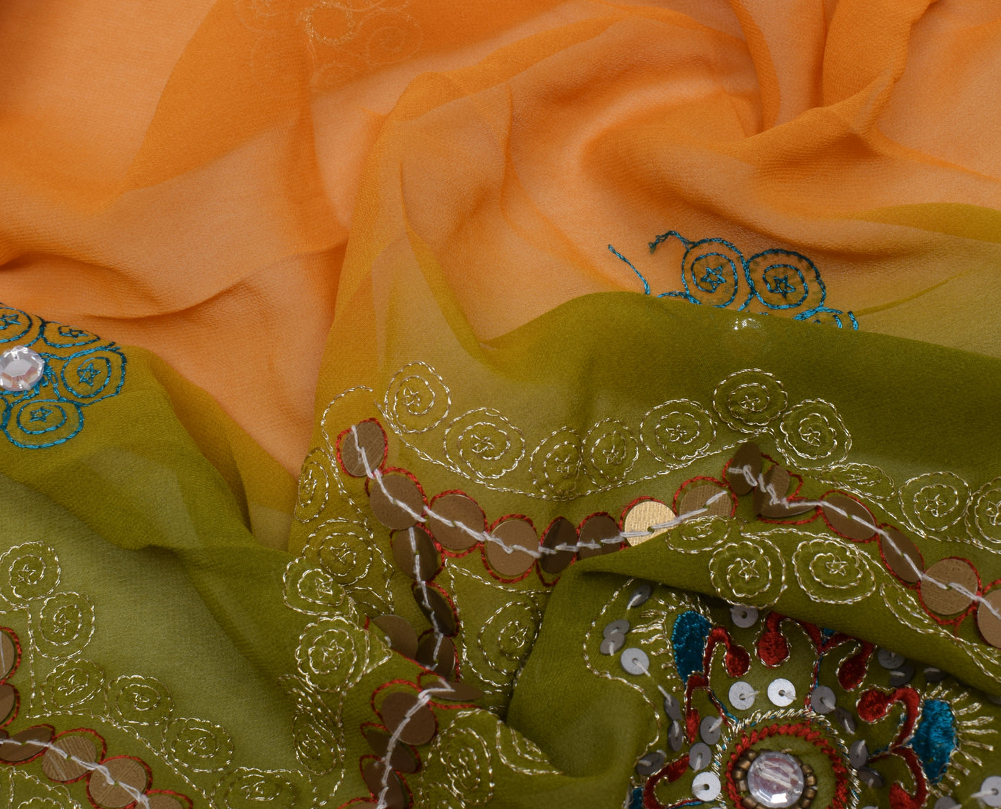 Sushila Vintage Indian Saree Blend Georgette Silk Hand Beaded Floral Sari Fabric