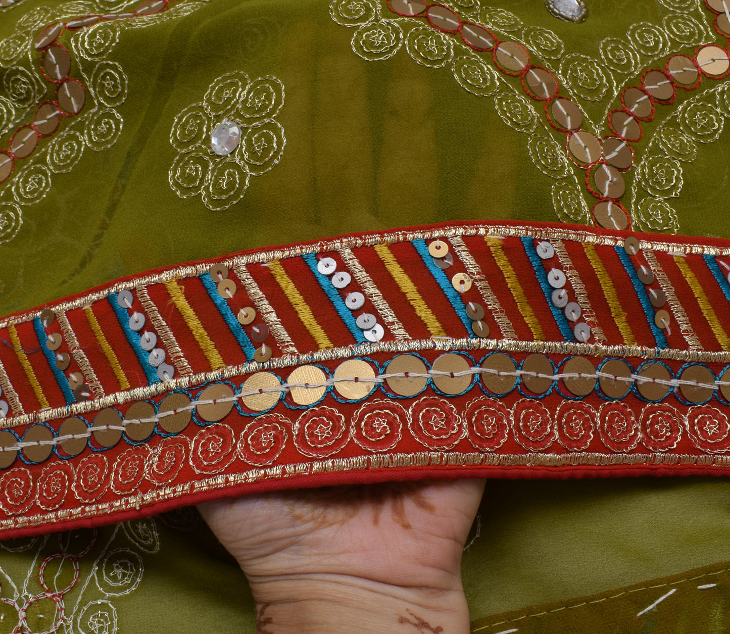 Sushila Vintage Indian Saree Blend Georgette Silk Hand Beaded Floral Sari Fabric