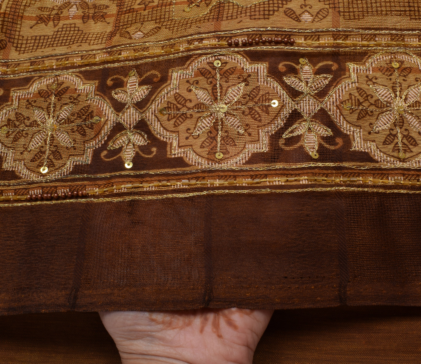 Sushila Vintage Indian Brown Saree Blend Cotton Woven Floral Sari Craft Fabric